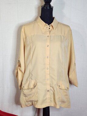 Chico's Melon Yellow Modal Poly Snap Front Adj Tab Sleeves Tunic Chico 3 US XL